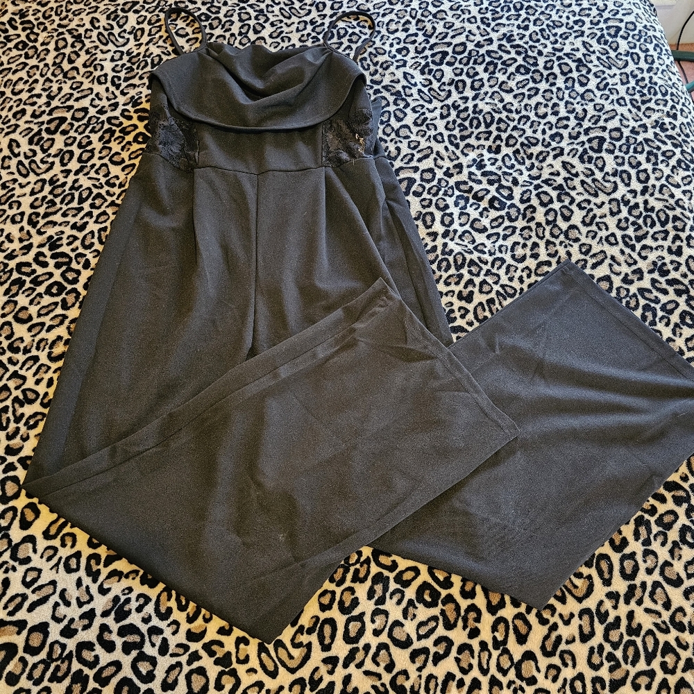 Women's Black Lace Tank Top Wide Leg Long Sleeve Full Body Jumpsuit Size XL